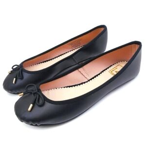 L4 Stylish Black Round Toe Ballet Flats with Gold Tip Bows
